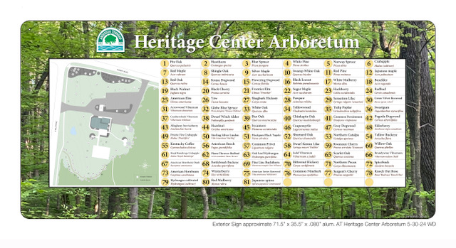 Exterior sign at Anderson Township Heritage Center Arboretum with a map and number marking trees